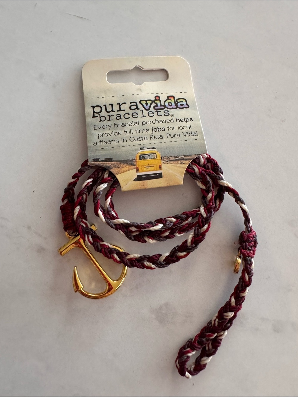 Pura Vida Burgundy, White & Gold Anchor Wrap Bracelet